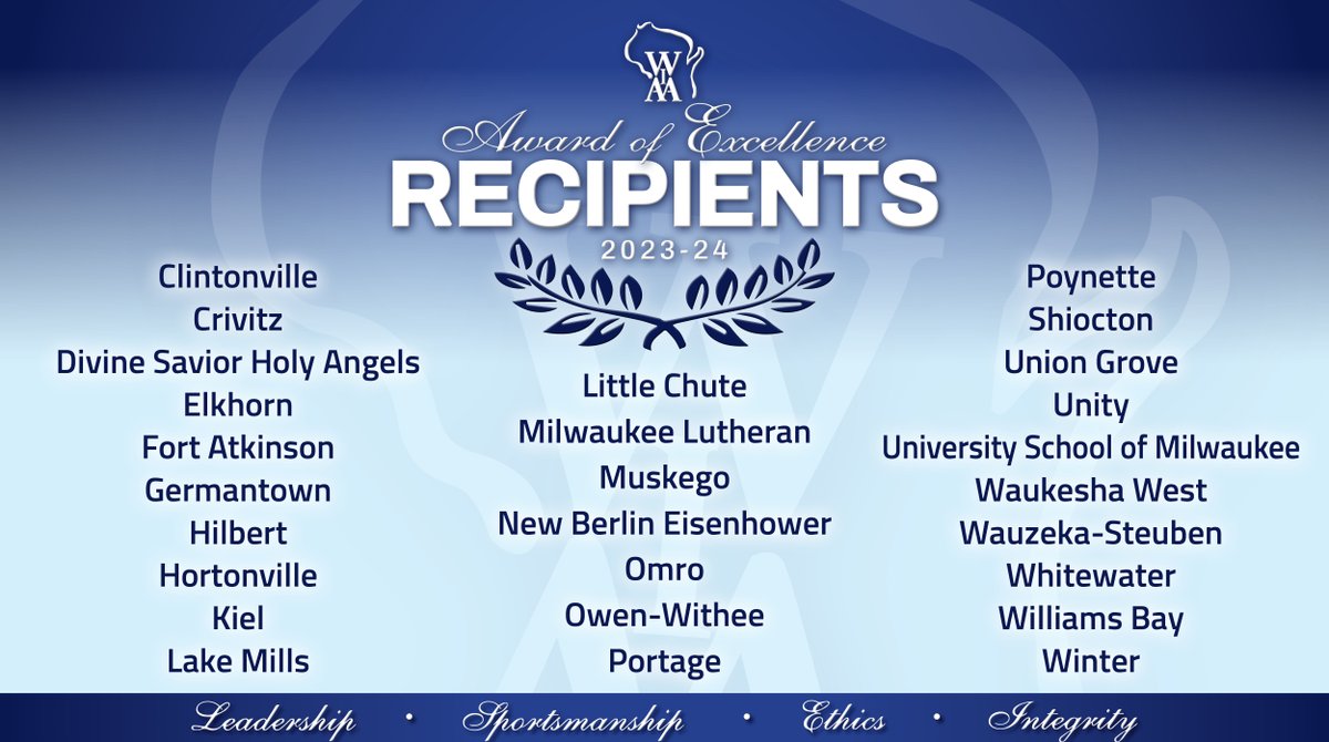 The WIAA congratulates these 27 outstanding schools that have been named recipients of the 2023-24 Award of Excellence! 🏆✨

This award recognizes efforts &amp; achievements in the areas of sportsmanship, ethics, integrity, leadership &amp; character. ➡️ wiaawi.org/News/News-Arti…