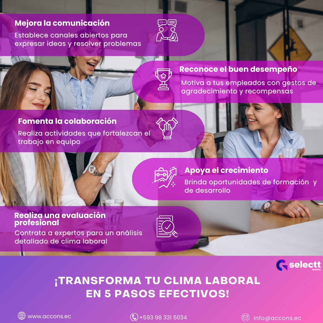 infoACCONS's tweet image. ¿Sabías que un buen clima laboral puede transformar tu empresa? En #Selectt estamos listos para analizar y mejorar cada aspecto del clima laboral de tu empresa. 
Contáctanos.
#climalaboral #talentohumano #empresas #negocios #pymes #evaluacionprofesional #accons #cuenca #ecuador