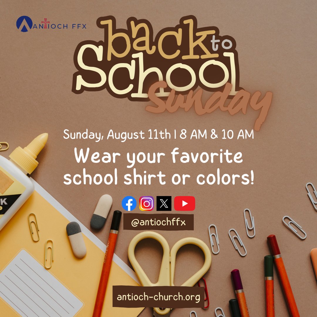 AntiochFFX's tweet photo. Join us August 11th, for Back-to-School Sunday.
Rep your favorite school shirt or colors at 8 & 10am. Visit 6531 Little Ox Road, Fairfax Station VA or https://t.co/gWDZHjd18n.
Praise God!
#backtoschoolsunday #repyourschool #backtoschool #antiochffx #antiochbaptistchurch https://t.co/YJF1qcZ3Sv