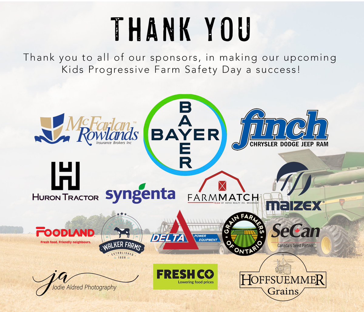 𝗧𝗵𝗮𝗻𝗸 𝗬𝗼𝘂

Thank you so much to all of our sponsors for the upcoming Progressive Farm Safety Day! ⚠️🚜

We are so excited to host this event!

#ontag #cdnag