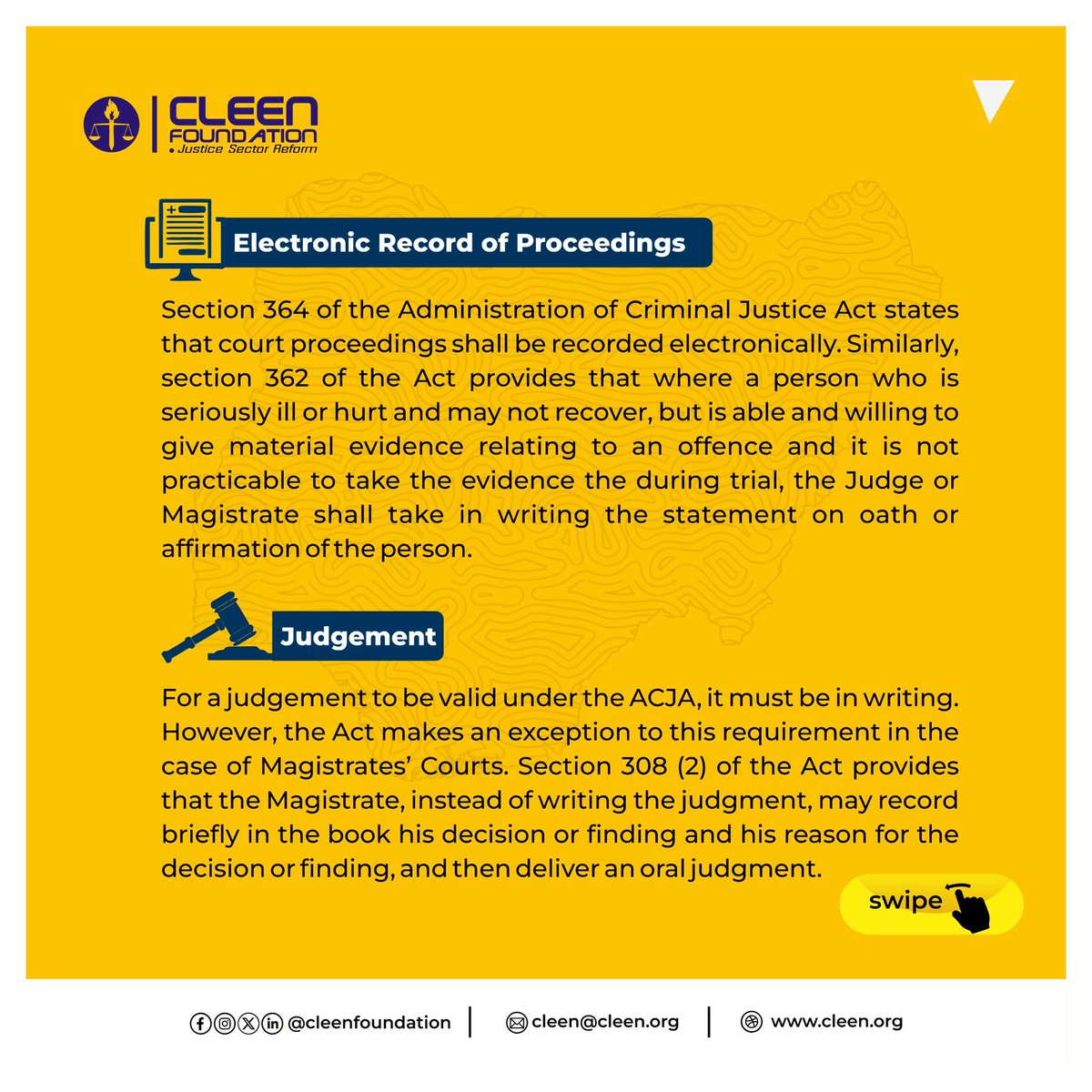 cleenfoundation's tweet photo. It's ACJA (Administration of Criminal Justice Act) Wednesday and we will be spotlighting Eletronic Recording of Proceedings as well as key facts surrounding Judgement.
Enjoy the read!
#SocialJustice #acja #wednesday https://t.co/XvIhNgCToP