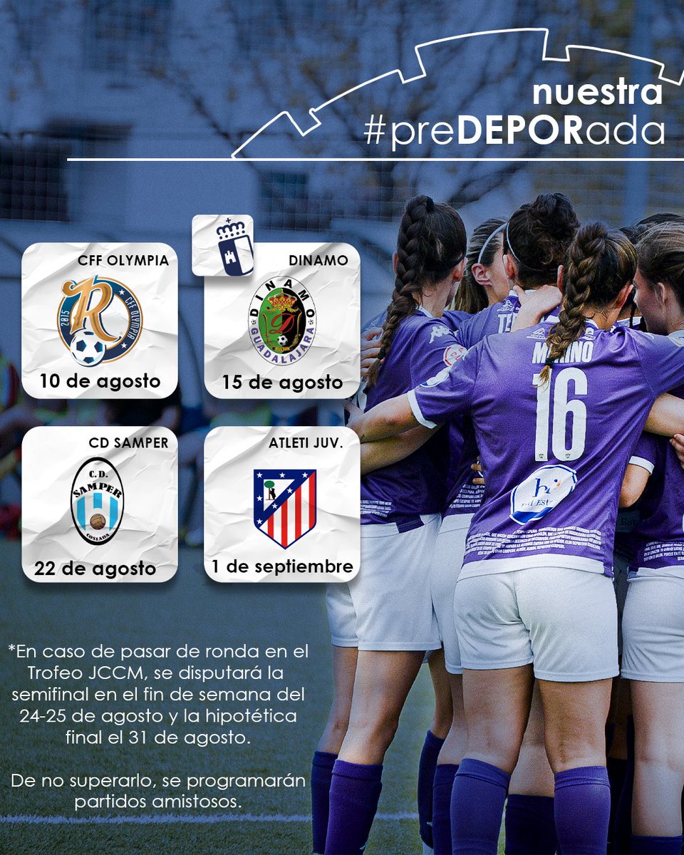 Nuestra #preDÉPORada 🟣

¡Esta es la hoja de ruta de las jugadoras moradas antes del inicio liguero!⬇️

En función del papel de las moradas en el #TrofeoJCCM, podrá verse afectado el calendario.

¡En ilusión no nos ganará nadie! 👊