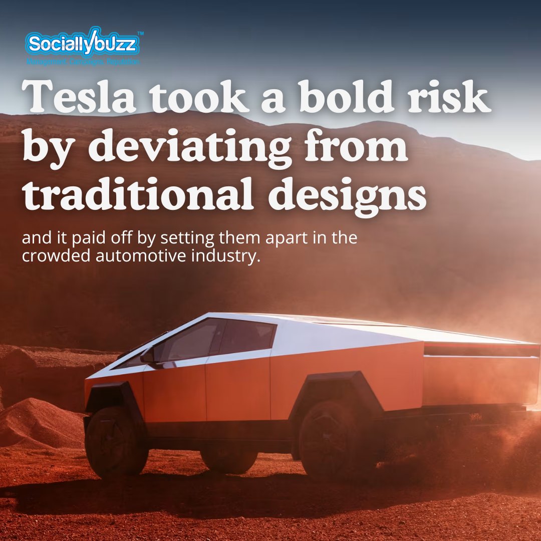 Sociallybuzz's tweet photo. The Tesla Cybertruck is more than a vehicle; it's a bold statement. Learn how Tesla's daring design choices can inspire your business to stand out.

👉 Read our blog to learn more! https://t.co/rTjciMquBD https://t.co/HeF9eySSJC