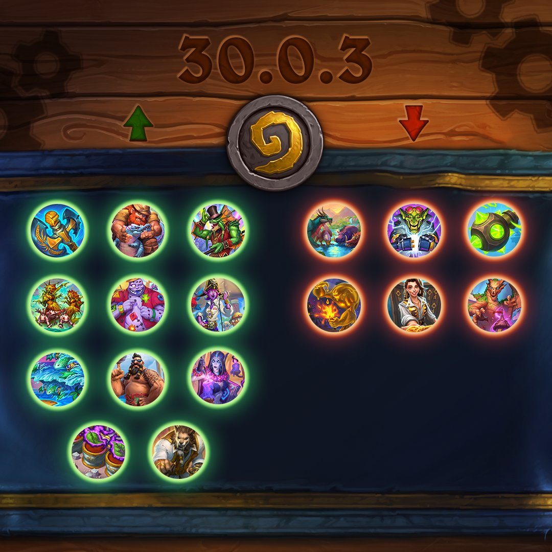 Hearthstone Patch 30.0.3 Standard balance changes. Encircled in green are the following: The Ryecleaver, Ranger Gilly, Razzle-Dazzler, Natural Talent, Buttons, Cruise Captain Lora, Tsunami, Service Ace, Twilight Medium, Nightshade Tea, and Conniving Conman Encircled in red are the following: Hydration Station, Inventor Boom, Zilliax Deluxe 3000's Ticking Module, Lamplighter, Concierge, and Chia Drake.