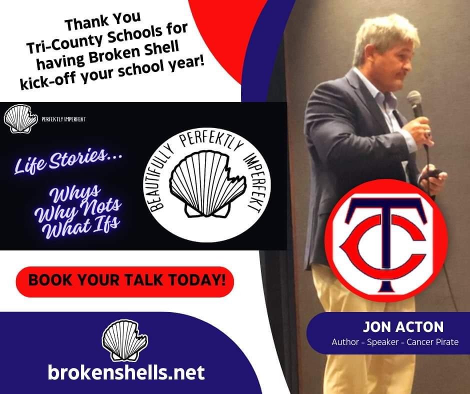 acton_jon's tweet photo. Thank you, Tri-County Schools, for having Broken Shells Kick-Off your school year! @tccavscountry @tccavsfootball #BrokenShells #PerkektlyImperfekt #ExpectVictory #author #speaker #cancerpirate #Why's #WhyNots #WhatIfs https://t.co/63NJ747Q1K