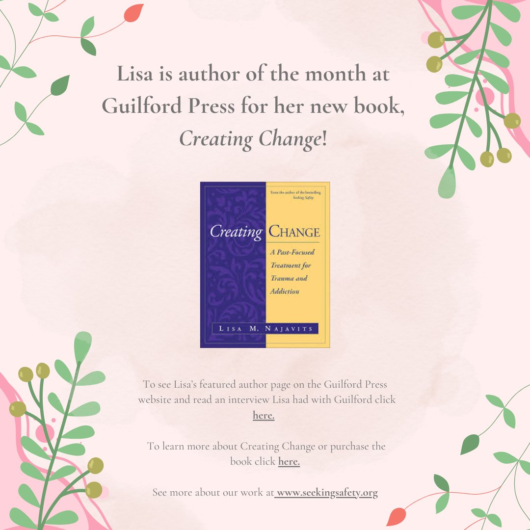 Seeking_Safety's tweet photo. Lisa is author of the month at Guilford Press for her new book, Creating Change!  

To see Lisa’s featured author page on the Guilford Press website and read a Q&amp;A click here:  https://t.co/xk2WS8dRoI

To learn more or purchase the book click here: https://t.co/iOh8V24YLd https://t.co/X2sG91frW3