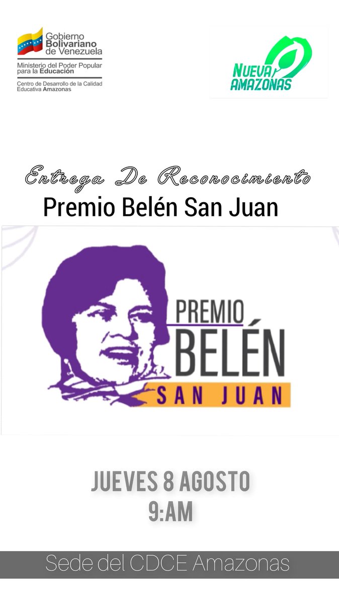 Cdce Amazonas también entregará el premio Belén San Juan gracias a las políticas del Gobierno Nacional 10 centros educativos enaltecidos por su trabajo <a href="/NicolasMaduro/">Nicolás Maduro</a> @_laavanzadora  <a href="/Gob_Amazonas/">RRPP Amazonas</a> @MaryCarmen_ZEA @MPPEDUCACION #amigos #mppe #indetenibles