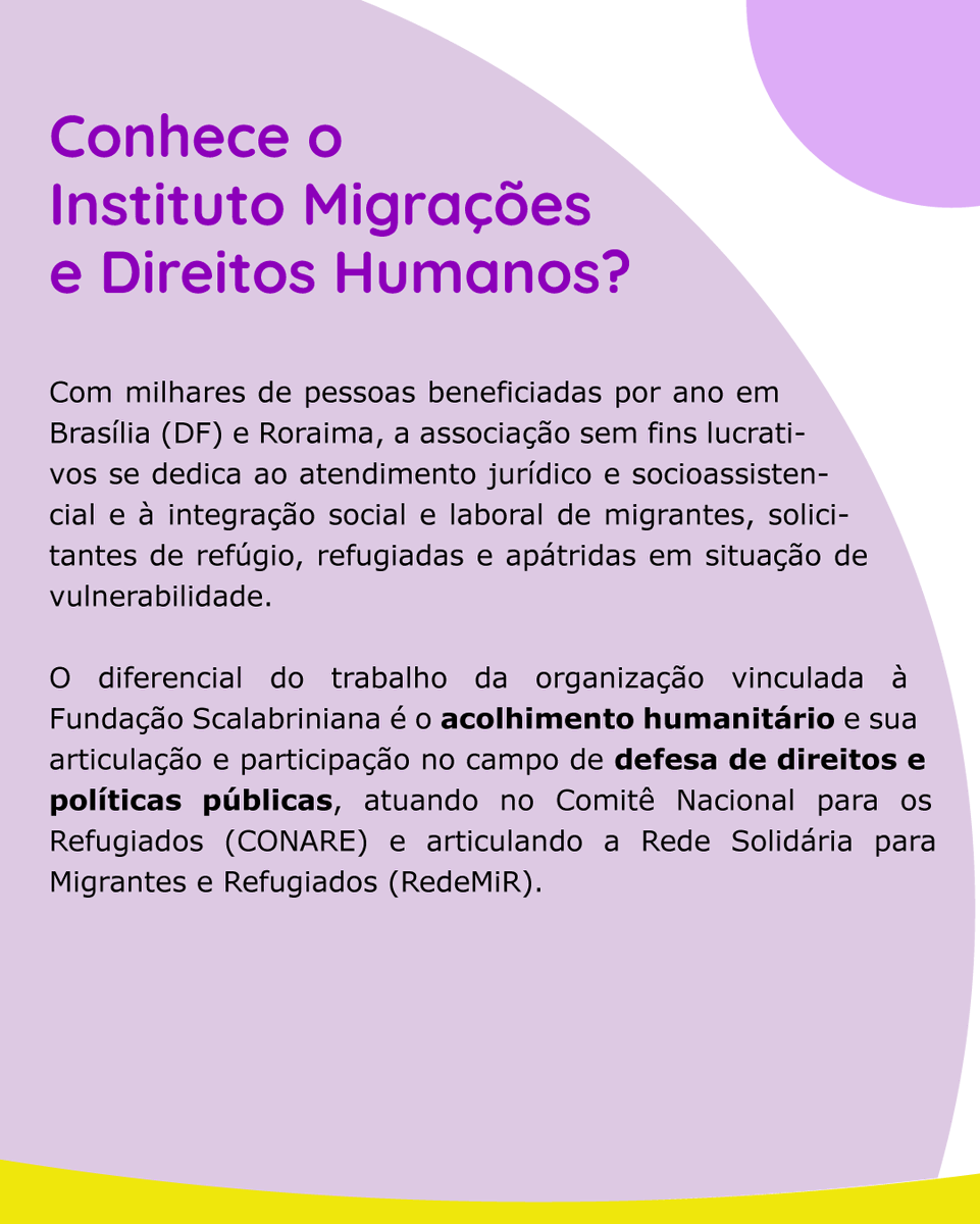 FICAS_SP's tweet photo. No #ConheçaNossaRede de hoje, uma organização referência no campo da migração e refúgio: o Instituto Migrações e Direitos Humanos. Arraste para o lado e saiba mais sobre o trabalho da instituição! #IMDH

#DescriçãoDaImagem #ParaTodosVerem este post tem descrição acessível. https://t.co/j4Q18Rb1NI