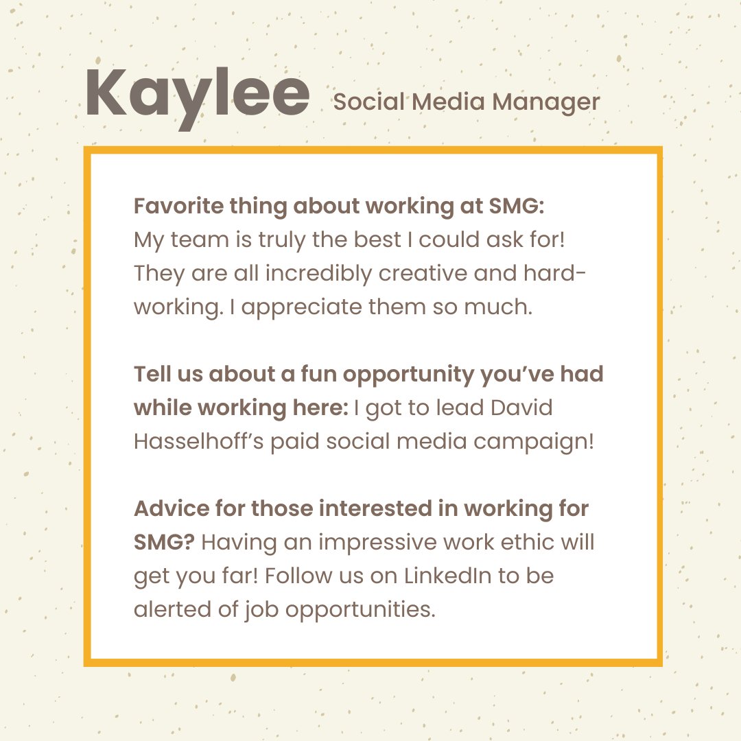 Huge congrats to our Social Media Manager, Kaylee Sachs, on her 10 year anniversary with Sachs Marketing Group! 👏1️⃣0️⃣👏

Swipe to learn more about her experience working at SMG.