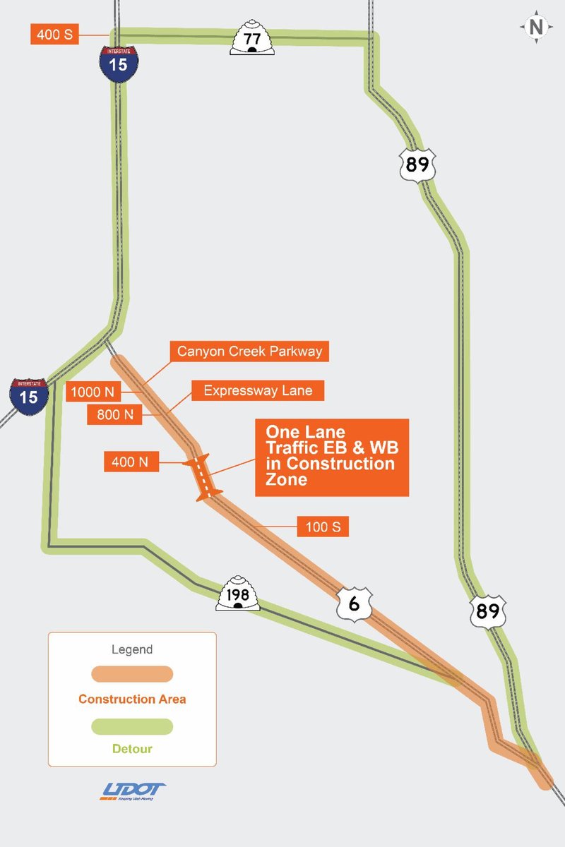 🚧Traffic Alert🚧: US-6 Bridge over 400 North in Spanish Fork requires deck repairs. Expect single-lane traffic in each direction from Aug 11-15 &amp; Aug 18-22. Anticipate major delays and consider alternate routes. More info: udotinput.utah.gov/us6improved <a href="/UDOTTRAFFIC/">UDOT Traffic</a>