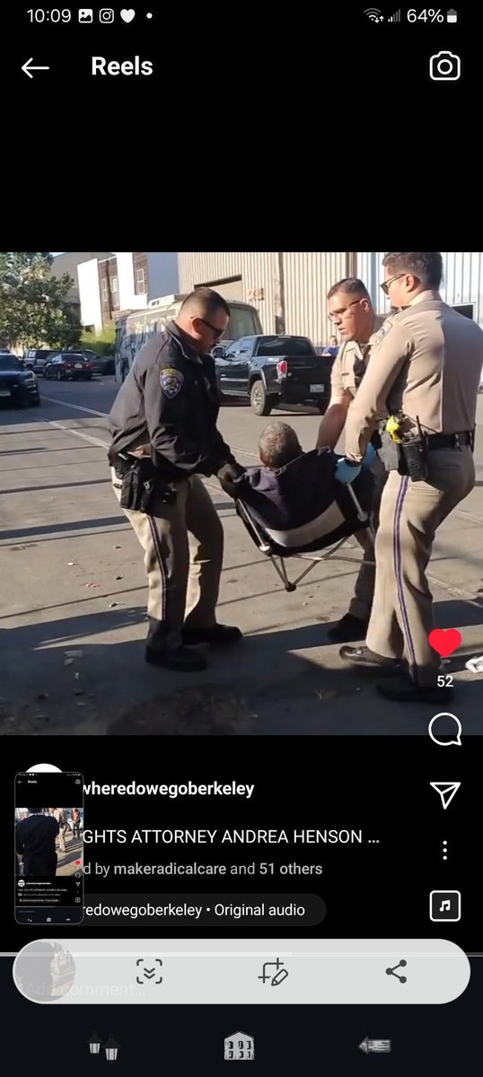 LisTeague's tweet photo. Civil rights attorney and Housing activist Andrea Hensen was arrested this morning in Oakland after chaining herself to a fence to resist a Caltrans eviction of unhoused folks. https://t.co/Qh9lWYOq3V