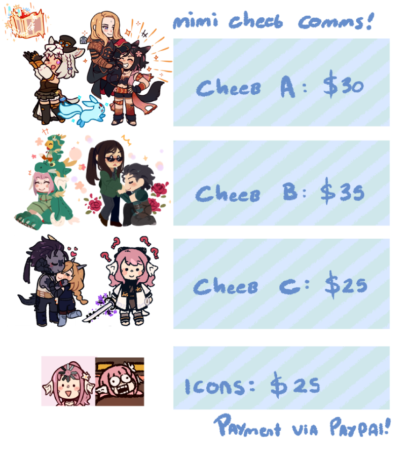 mimiblargh's tweet photo. Cheeb cmms price sheet! If you'd like to grab a cheeb of your fav character/oc, please fill in this form: https://t.co/DvFDrmRJVT
As always, thank you for looking and any questions my dms are open!🌸 https://t.co/MiYiSabbNH