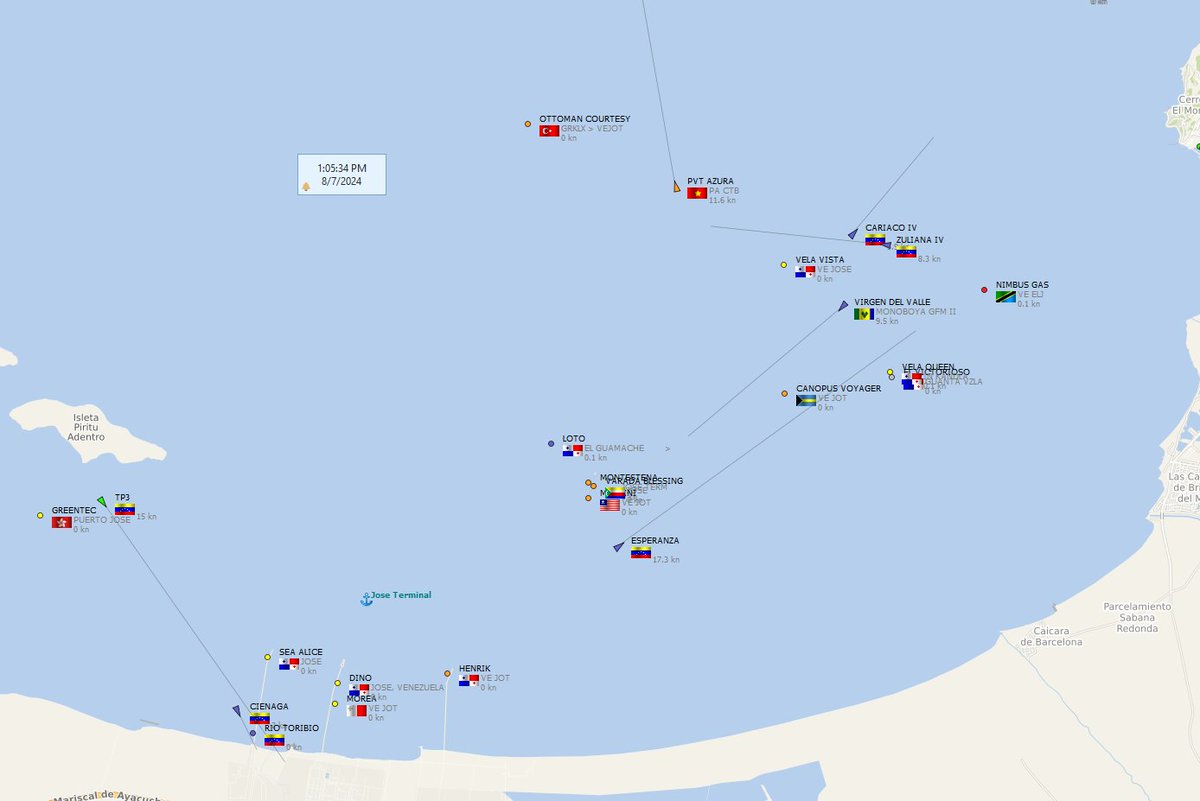 FlconEYES's tweet photo. #Amuay, #JoseTerminal, #PuertoCabello #Venezuela 
A esta hora. 

#VesselAlert #AIS #Maritime #OSINT #7Ago https://t.co/K88ACKHZjt