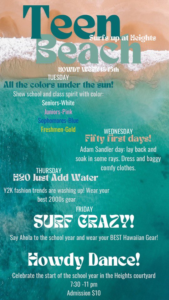 It’s almost Howdy Week at <a href="/HeightsFWISD/">Arlington Heights High School</a>! These are your dress up days for the first week of school followed by the 🪩Howdy Dance 🪩on Friday the 16th at 7:30. @MASrano20  <a href="/drbarrettAHHS/">Justin Barrett</a> <a href="/anahiev/">Anahí Esparza Vallín</a> <a href="/EducatorStrom/">Mel Strom</a> <a href="/AFBohannon/">Alicia Bohannon</a>