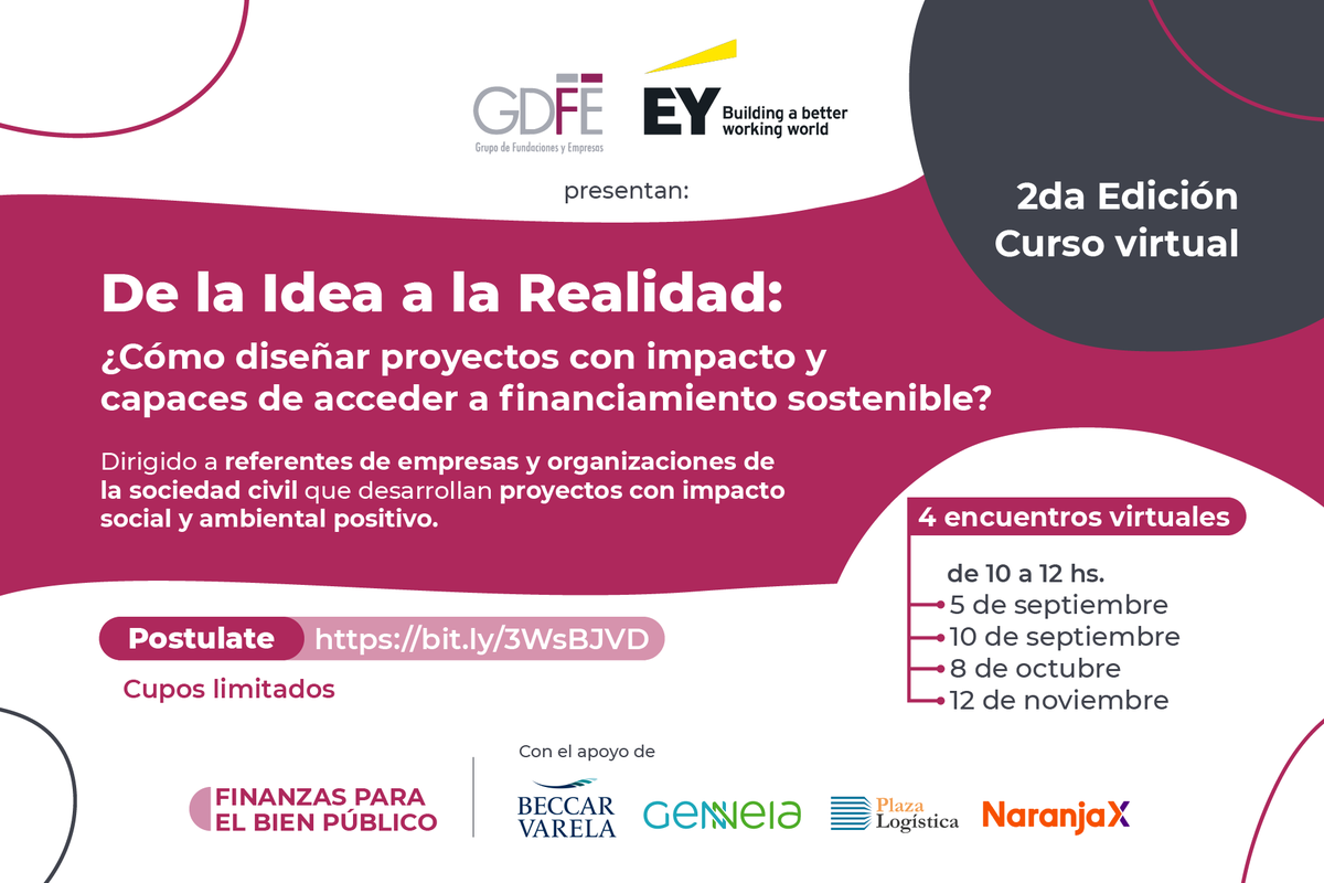Lanzamos junto a EY la 2da edición del curso "De la Idea a la Realidad: ¿Cómo diseñar proyectos con impacto y capaces de acceder a financiamiento sostenible?", en el marco de Finanzas para el Bien Público.

Hay tiempo para postularse hasta el 23/8 acá &gt;&gt; bit.ly/3WsBJVD