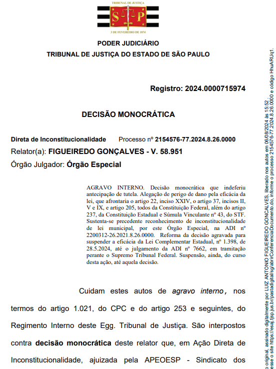 Atenção!
<a href="/APEOESP/">Sindicato Professores SP</a> obtém no <a href="/TJSPoficial/">Tribunal de Justiça</a> decisão suspendendo a Lei que militariza escolas em São Paulo, até o julgamento da Ação no STF