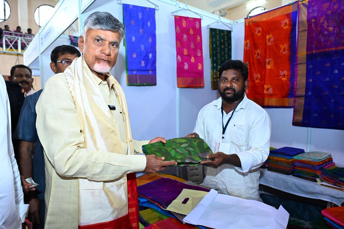 ncbn's tweet photo. On National Handloom Day, I urge everyone to wear traditional handloom at least once a month with pride. 

Today, I met with the weavers of Andhra Pradesh and admired the devotion with which they keep the rich tapestry of our heritage alive. Our government is committed to helping the weavers’ community overcome all challenges and restore the glory of the handlooms of Andhra Pradesh. A new handloom policy, GST relaxations, promoting APCO, providing health insurance, and developing handloom clusters are some of the steps we are prepared to take. We will also open up newer markets for our weavers through ONDC, expanding the scope of their business and bringing further recognition for their beautiful craft. 
P.S. I also brought two sarees for my wife on the occasion.