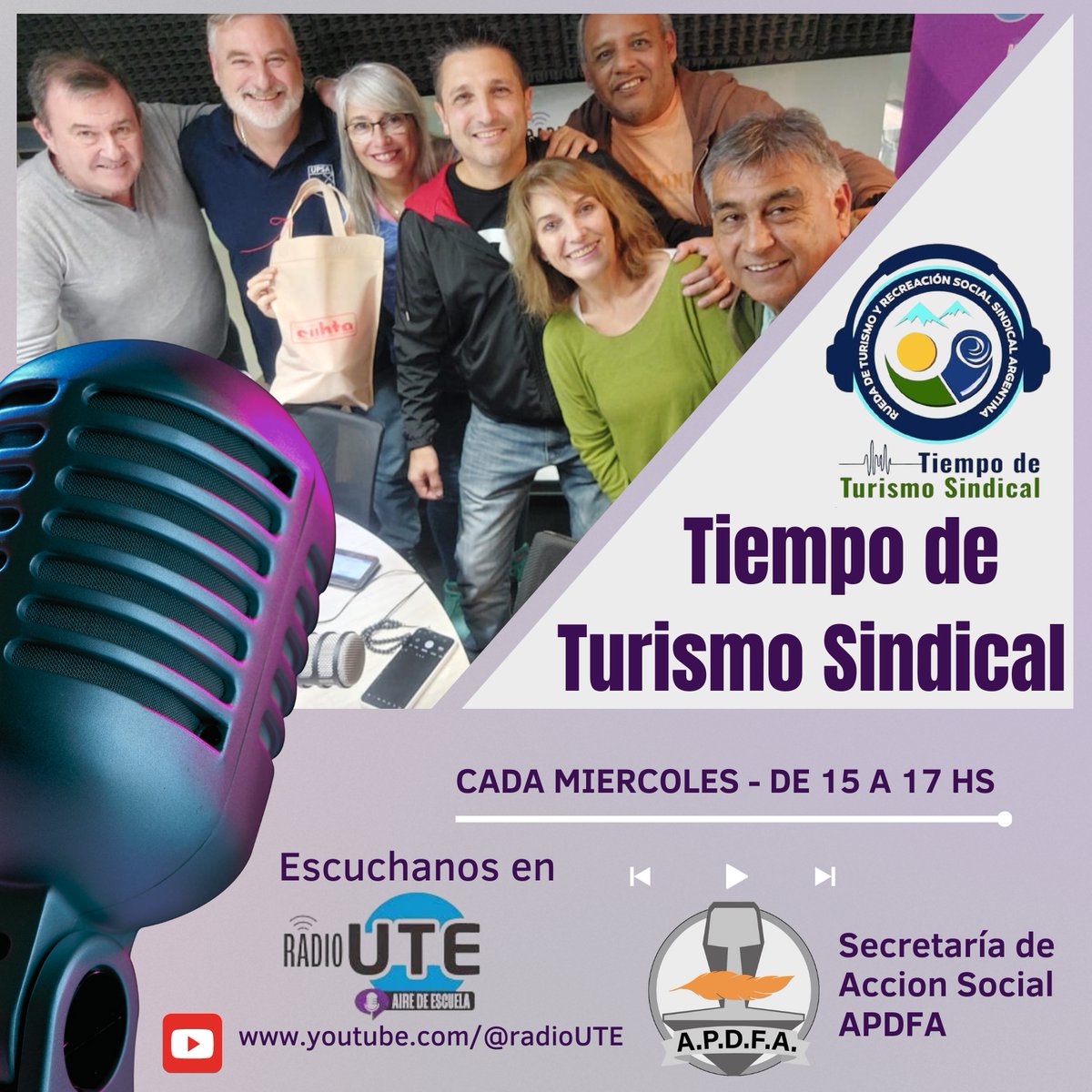 Cada Miercoles la Secretaria de Acción Social de APDFA participa del programa Radial Tiempo de Turismo Sindical, por radio UTE.
Te esperamos de 15 a 17 hs.
<a href="/ApdfaAdrian/">Silva Adrian Apdfa</a> 
<a href="/apdfanacional/">A.P.D.F.A.</a> 
<a href="/APDFApuertosOK/">APDFA Ferroportuarios</a> 
<a href="/ApdfaListaGris/">APDFA LISTA GRIS</a> 
<a href="/JApdfa/">Juventud Sindical Apdfa</a>