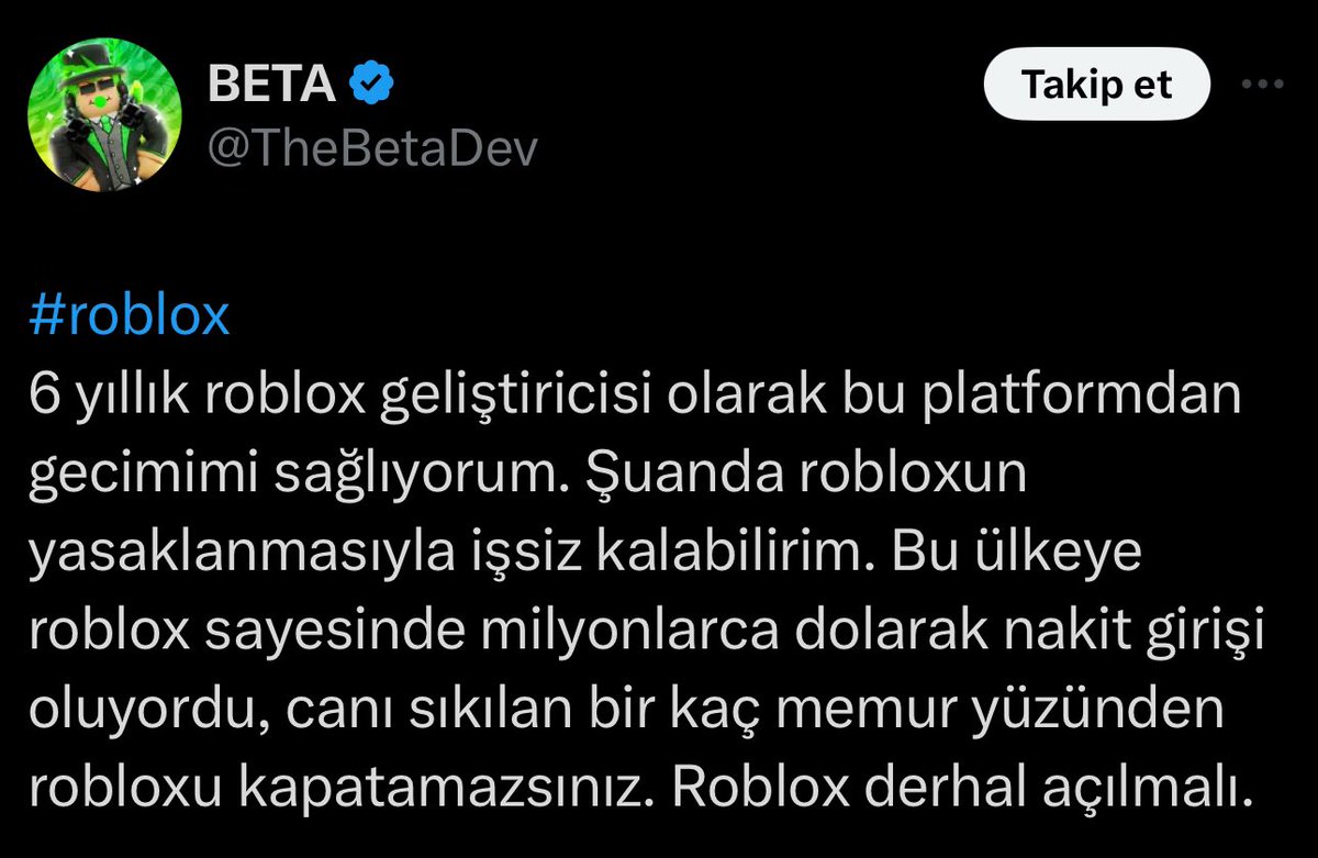 Bir Roblox oyun geliştiricisinin paylaşımı: