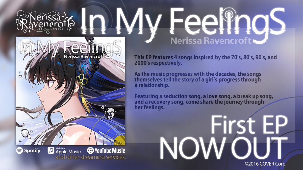 nerissa_en's tweet photo. 🎵In My Feelings🎵
FIRST EP OUT NOW!
https://t.co/dCriIwm5nj

I have been working so hard on this, as has the rest of the team!!! Please listen to it lots and lots 🖤

🎼#RissaLIVE 
🎨#RavenCrafts 
🤡#MemeRissa
🎶#RissaMusic
⚠️#holoAdvent
art by @yomosaka 
Graphic by @enocinoco https://t.co/xdHAqv9na7