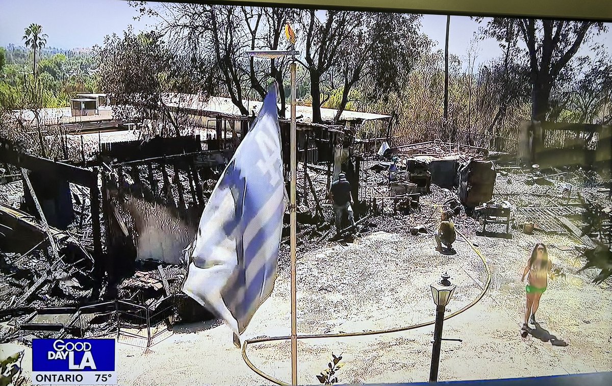 ballgame63's tweet photo. #jimromeonx Huge @Dodger fans, the Hernandez family lost everything including their 3 dogs in the #EdgeHillFire. Amazingly their Dodger flag outside the house remained untouched. https://t.co/wosJCgYnn3