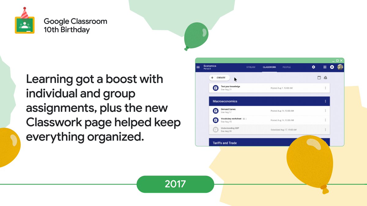In 2017, #GoogleClassroom supercharged its powers so teachers could now assign work to students and groups, and the new Classwork page brought order to assignments 📚. goo.gle/3YHP8M2 #10YearsOfClassroom