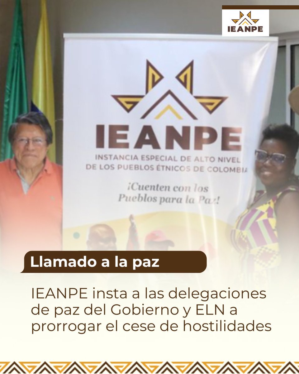 #IEANPEComunica📢|| La IEANPE hace un llamado a <a href="/DelegacionGob/">Delegación de Paz del Gobierno de Colombia</a> y <a href="/DelegacionEln/">Delegación ELN</a> para avanzar en la agenda de paz con incidencia territorial. 

Como actores y autores del #CapítuloÉtnico en el Acuerdo Final de Paz de 2016, nos ponemos a disposición en esta coyuntura por la paz.