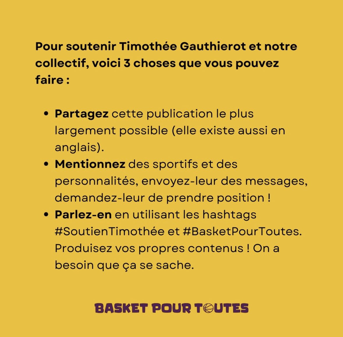 s_assbague's tweet photo. Pour soutenir Timothée Gauthierot et le collectif Basket Pour Toutes, voici des actions concrètes. N’hésitez pas à partager ! 

#SoutienTimothée
#BasketPourToutes 

https://t.co/s6x1tqit44 https://t.co/s0gR3FCY8l