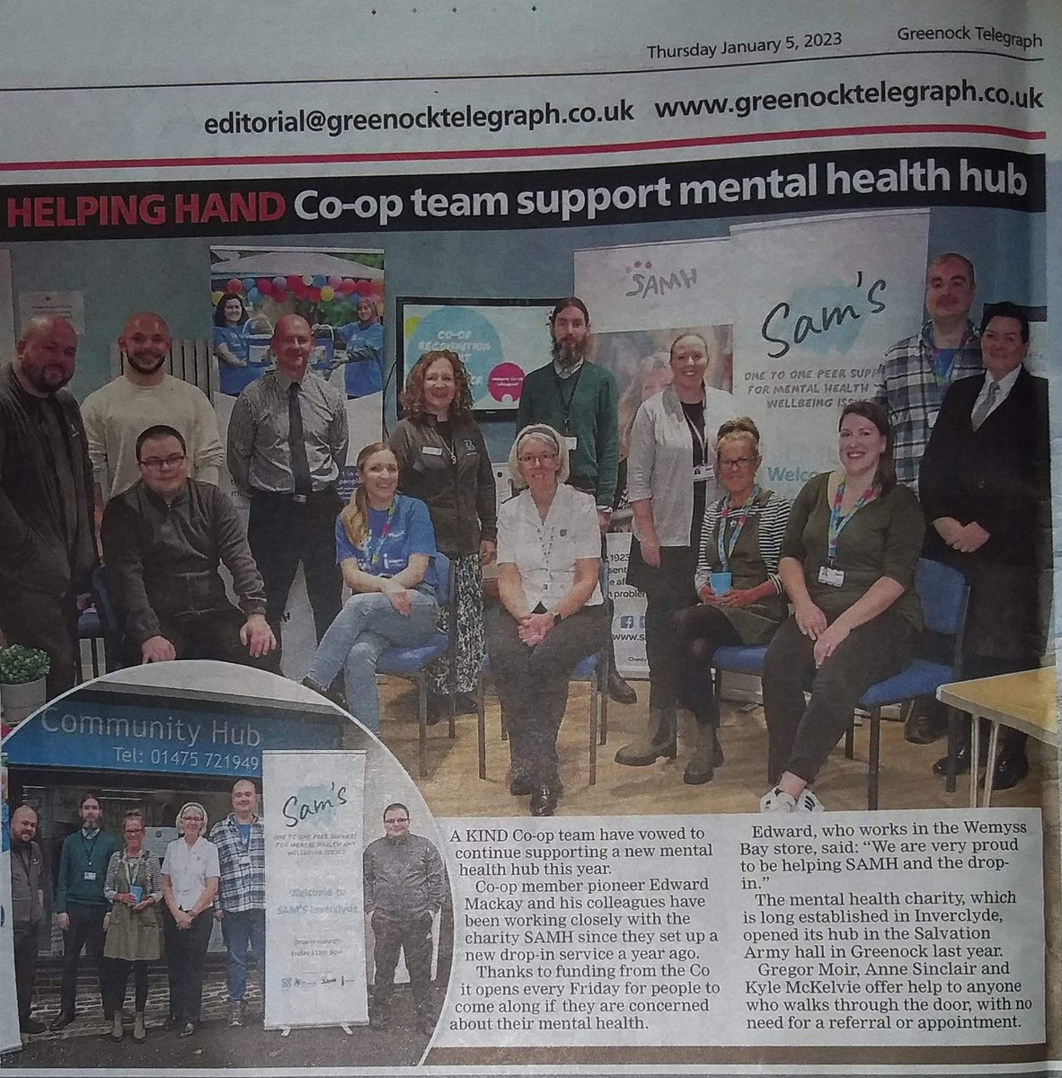 4. SAMH

Co-op raised £8 million for SAMH. 

Locally colleagues held raffles, tea parties, busking, walks and all sorts to help achieve this figure. SAMH had three mental health Cafés at one point in Inverclyde, funded by Co-op and grew a strong relationship with them.