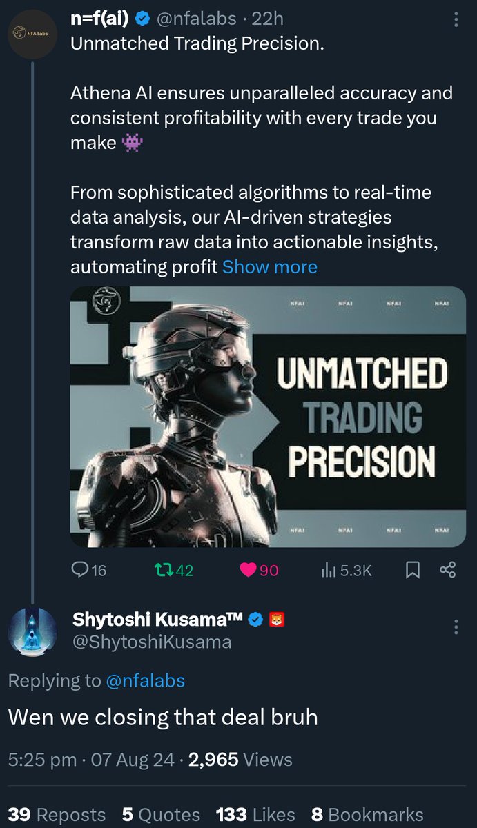 XAIIDinfinityX's tweet photo. Don't Snooze on @nfalabs told you not once not twice

@ShytoshiKusama @QuantixCapital #NFAI #N #QuantixCapital https://t.co/d1OUH0KigK