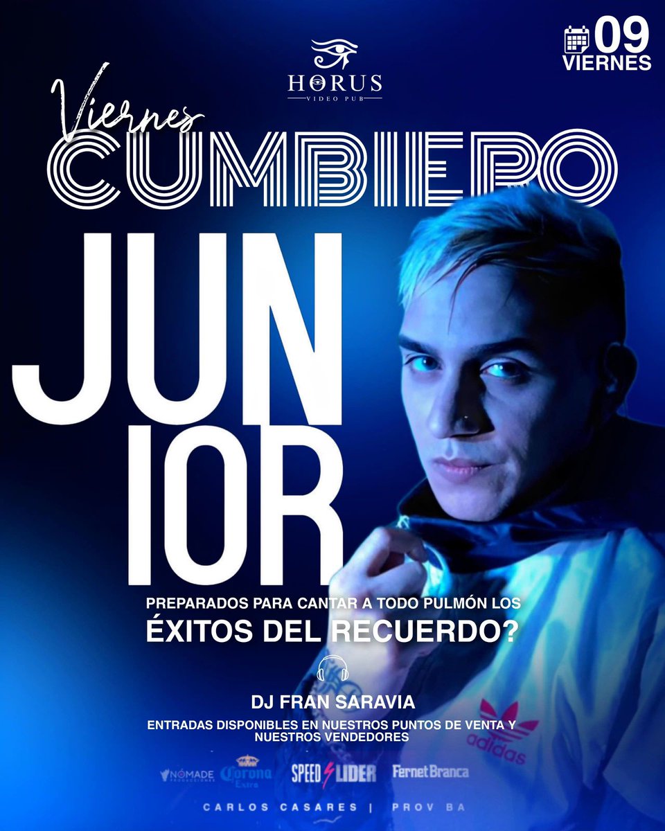 Este viernes llega a Horus en show en vivo de “JUNIOR” con sus mejores cumbias, no te lo podes perder!
Acompañan en los controles desde pehuajo @djfransaravia y de la casa @facundosanchezdj
Viernes cumbiero en HORUS!! 
Entradas en la movediza! O la conseguis online al 2395423430