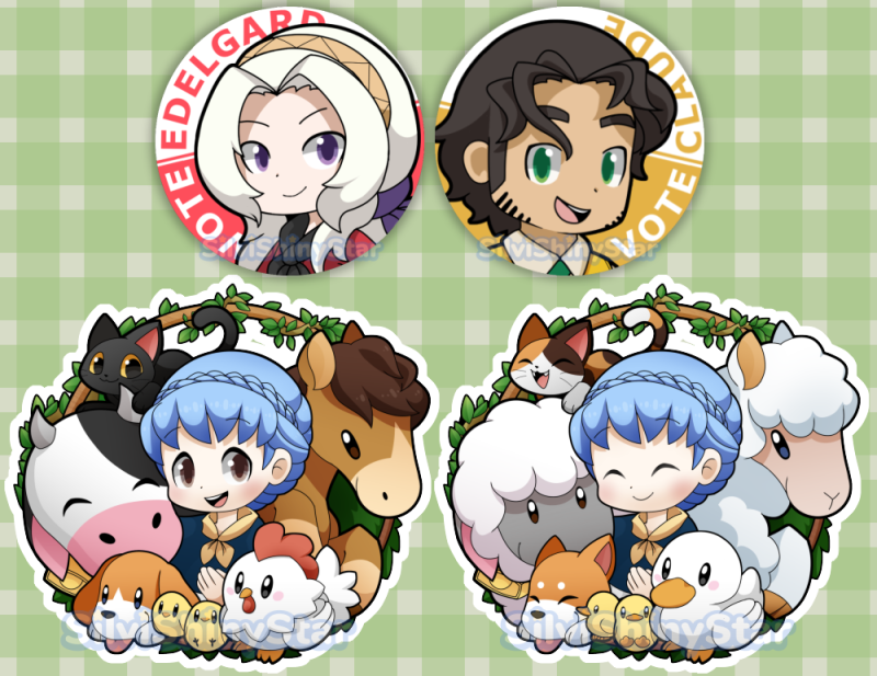 My buttons and double-sided charm for <a href="/ourtownzine/">Our Town 🐮 Project Complete!</a>, a FE3H farming sim zine! :D
There's still a few left!