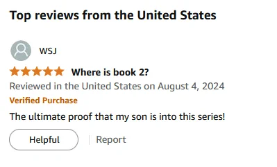 An Amazon review for Cosmic Cadets Book 1 asking "Where is book 2?"