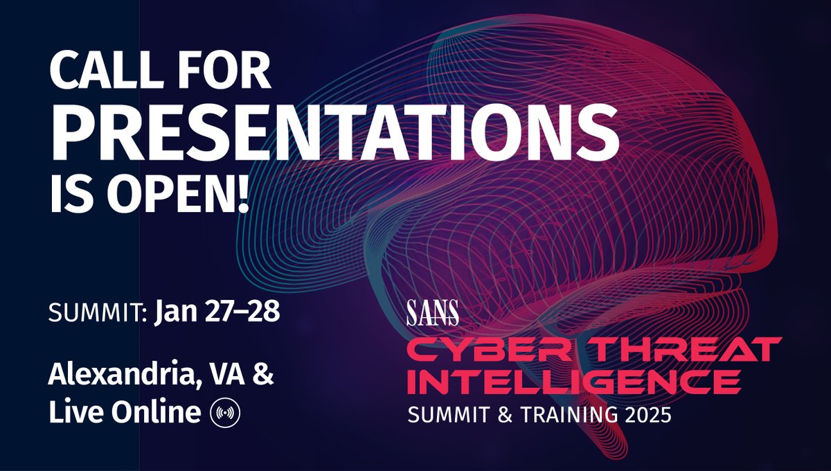 SANS DFIR (@sansforensics) on Twitter photo 📣 The Call for Presentations for #CTISummit 2025 w/ <a href="/likethecoins/">Katie Nickels</a> <a href="/PDXbek/">Rebekah Brown</a> & <a href="/rickhholland/">Rick Holland</a> is OPEN!
If you have #ThreatIntel lessons, experiences, & case studies to share w/ the community, we want to hear from you!
✍️ Submit by Mon, Sept 30: sans.org/u/1xCt
#CTI #DFIR 📣 The Call for Presentations for #CTISummit 2025 w/ <a href="/likethecoins/">Katie Nickels</a> <a href="/PDXbek/">Rebekah Brown</a> & <a href="/rickhholland/">Rick Holland</a> is OPEN!
If you have #ThreatIntel lessons, experiences, & case studies to share w/ the community, we want to hear from you!
✍️ Submit by Mon, Sept 30: sans.org/u/1xCt
#CTI #DFIR