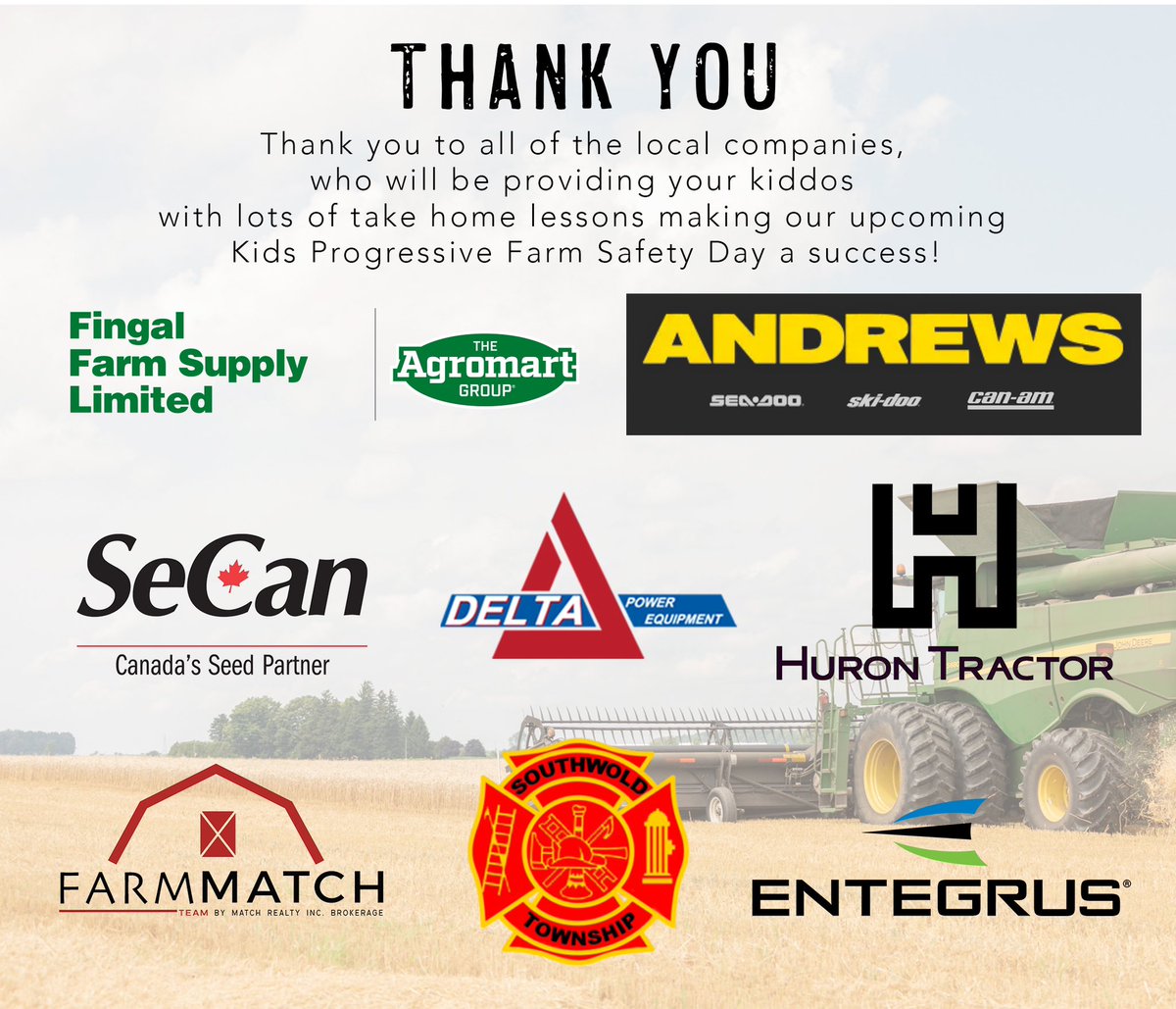 𝗧𝗵𝗮𝗻𝗸 𝗬𝗼𝘂

Thank you so much to all of the local companies who will be providing learning stations for the kiddos at our upcoming Progressive Farm Safety Day! ⚠️🚜

We are so excited to host this event!