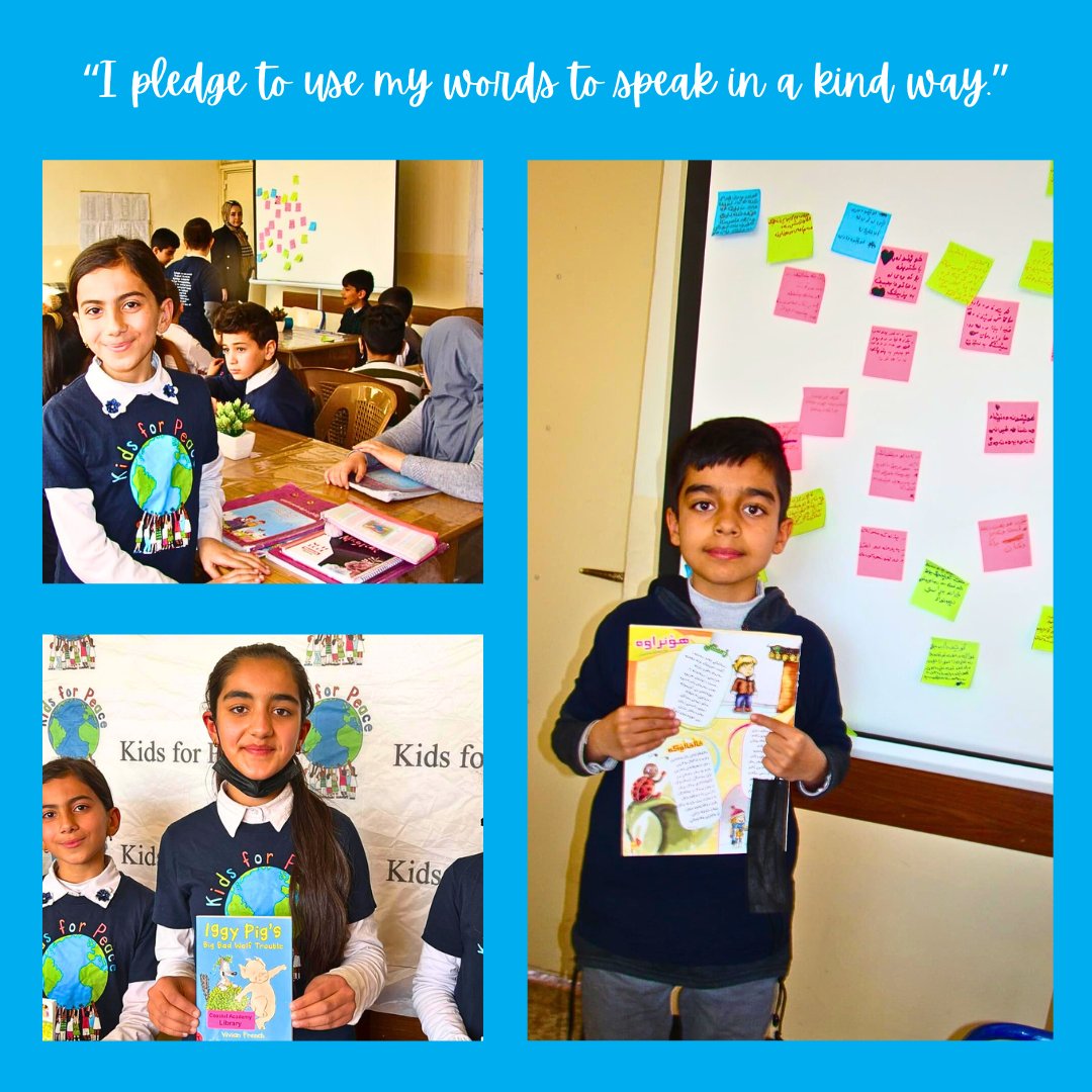 Iraq Kids for Peace in Erbil, Iraq, spent time reading and discussing books together. Thank you for using your words in this kind way! “Let us remember: One book, one pen, one child and one teacher can change the world.” – Malala Yousafzai

kidsforpeaceglobal.org/the-peace-pled…