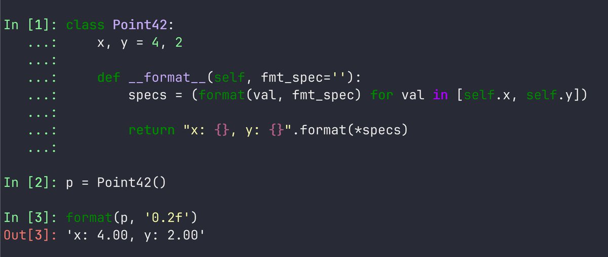 Datenschauer's tweet photo. [PyCrumble No. 5] #Python __dunder__ special methods:
What is the difference between __repr__, __str__ and __format__? (3/4)

__format__ ensures that you can use Pythons format string mini-language with your objects. A basic usage could look like this beyond. https://t.co/ISzyZv7rhr