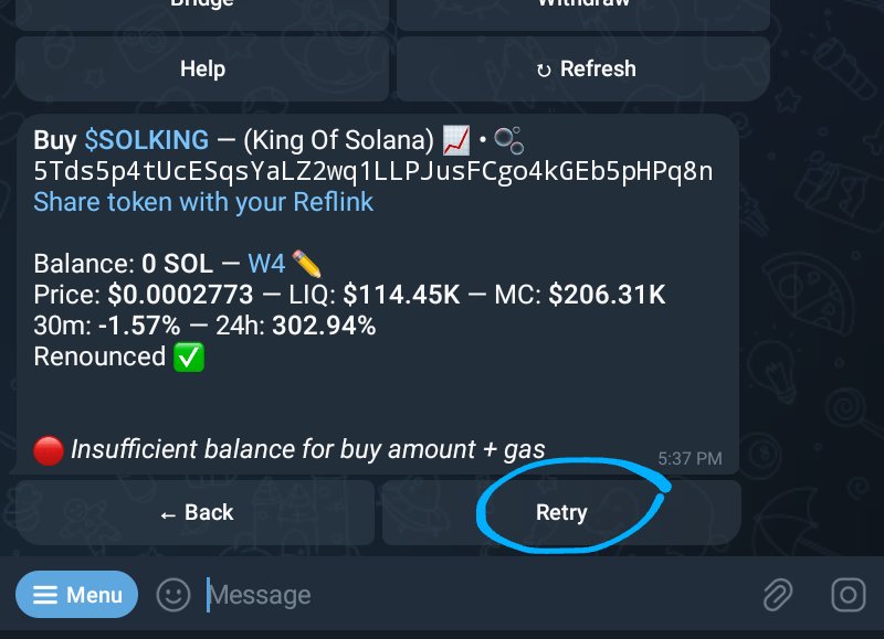 jwinuuu's tweet photo. Quick setup for the telegram bot

Click Start and you automatically get a wallet generated for you.

Send some funds there and you are good to go

To buy a token you simply paste the token address

If somehow a swap fails you can click ' Retry '

#TradingBot #telegram #solwallet https://t.co/O9JWnwq37r