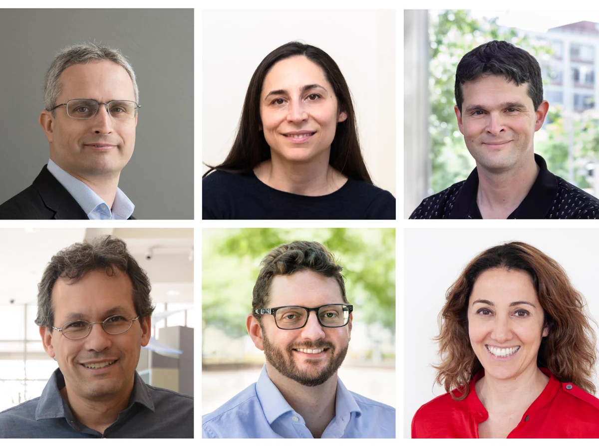 A collage of headshots featuring six individuals. The top row shows a man with short gray hair and glasses, a woman with long dark hair, and a man with short dark hair. The bottom row shows a man with curly dark hair and glasses, a man with short brown hair and glasses, and a woman with shoulder-length brown hair wearing a red shirt. The backgrounds vary from indoor settings to outdoor greenery.