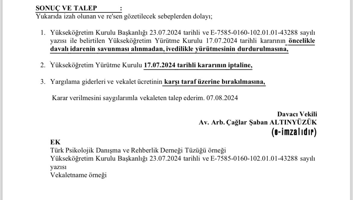 Değerli üye ve meslektaşlarımız, YÖK’ün ilgili kararının yürütmesinin durdurulması ve iptali talebiyle avukatımız aracılığıyla bugün Danıştay davamızı açtık. Sürecin her aşamasını titizlikle takip ediyor olacağız.

<a href="/turkpdrdernegi/">Türk PDR Der- Psikolojik Danışma ve Rehberlik</a> 
<a href="/turkpdrtopluluk/">Türk PDR Topluluk</a> 
<a href="/turkpdrdestek/">Türk PDR Destek</a>