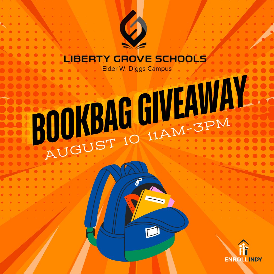Our partner school Liberty Grove Schools at Elder W. Diggs School 42 is hosting a bookbag giveaway this Saturday! 

Free health screenings, food, games, dancing, and a bounce house!

Address is 1002 W 25th st, Indianapolis IN
