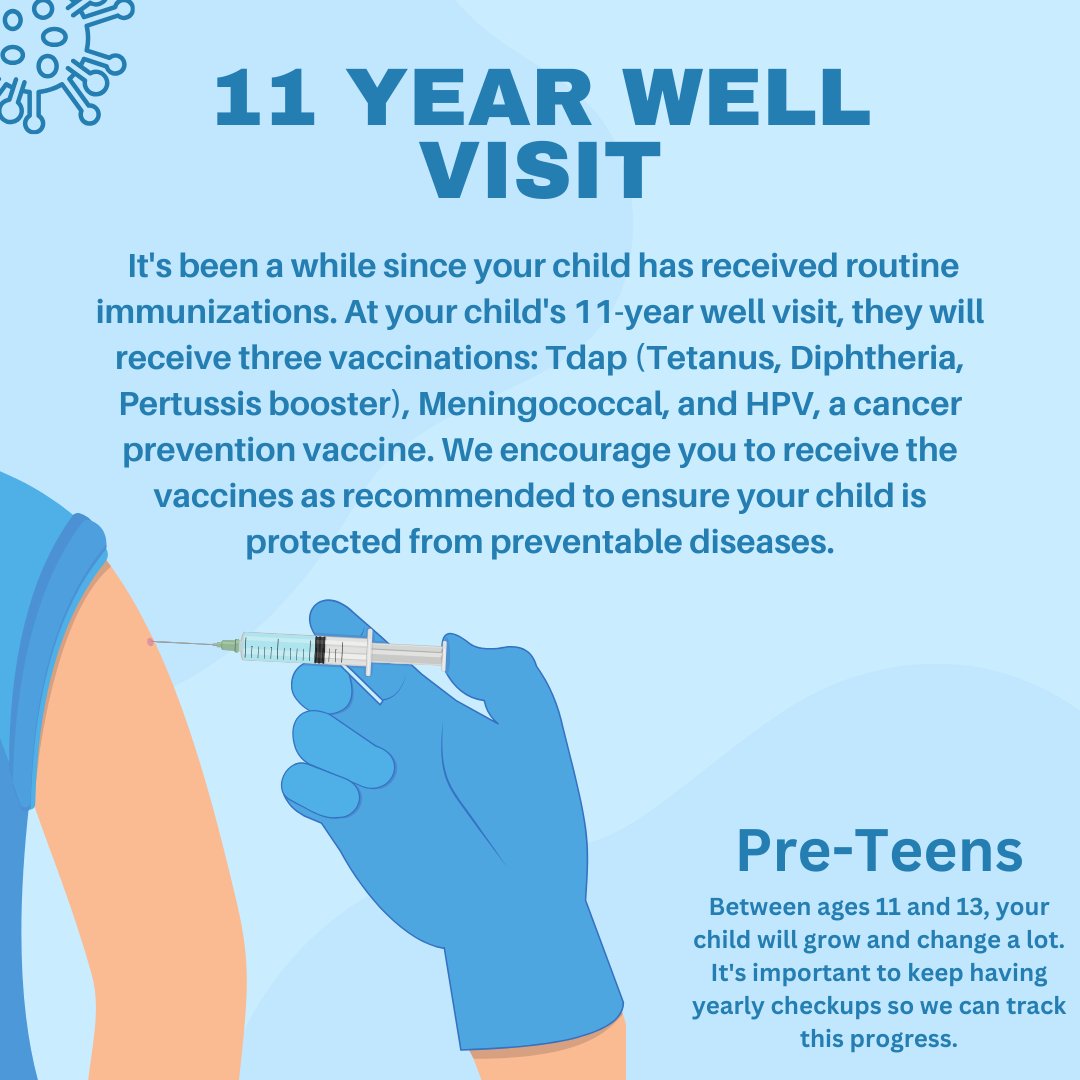 FCPediatrics's tweet photo. Between ages 11-13 your child will grow &amp; change a lot. It's important to keep having yearly checkups so we can track this progress. Other emphasized topics discussed at this age:puberty, mental health &amp; nutrition. Book an appointment! 📅#NationalImmunizationAwarenessMonth #NIAM https://t.co/WBL6IXDzmK