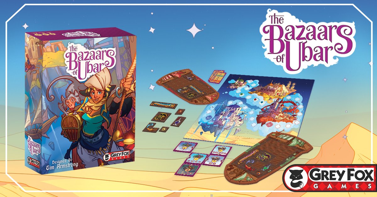 The Bazaars of Ubar is a fantastical engine-building game that takes players to the mythical marketplaces of Ubar - the Atlantis of the Sands! Draft trade tiles from a common area, paying for them with time, in a marketplace where the costs shift like the sands from game to game!