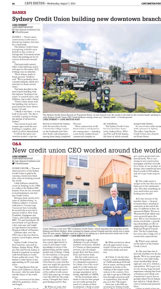SydCreditUnion's tweet image. Cape Breton Post article 2024-08-07 
Sydney Credit Union 🎉 New Downtown Branch 🎉 
Q&amp;amp;A with Caleb Gibbons - CEO

#SydneyCreditUnion #CapeBreton #NewBranch #CommunityImpact #CEOInsights