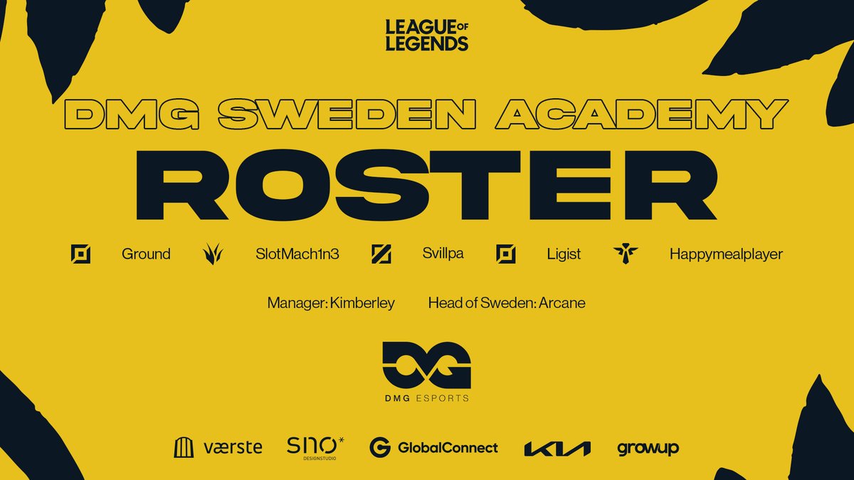 Announcing our academy roster for the upcoming #SOLS9! 

Competing under the management of <a href="/berleyzx/">Kimberley</a> 

Please welcome them all to DMG Sweden 💙💛

Top: <a href="/CigarMen19454/">Ground</a> 🇮🇷
Jgl: <a href="/SMach1n3/">SlotMach1n3</a> 🇸🇪
Mid: <a href="/svillpa/">Svillpa</a> 🇸🇪
Bot:  Ligist 🇸🇪
Sup: <a href="/HappyMealPlayer/">HappyMeal</a> 🇩🇰