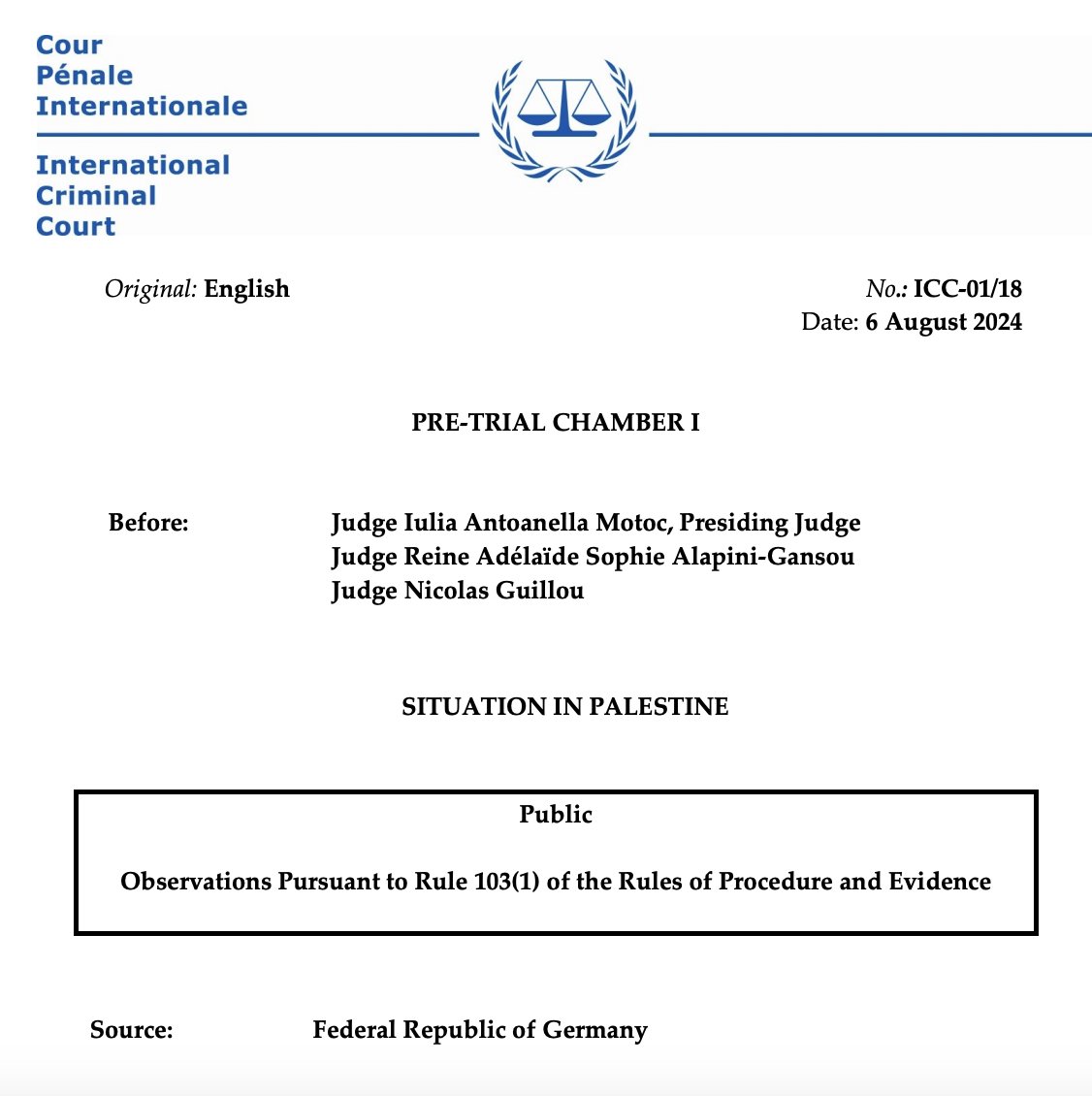 AdHaque110's tweet image. Germany's observations to the ICC are up:

icc-cpi.int/sites/default/…

Argues that complementarity (art 17) and deferral (art 18) should be interpreted broadly* to give Israel a chance to investigate allegations itself before warrants are issued.

*rewritten, made up, what is law?