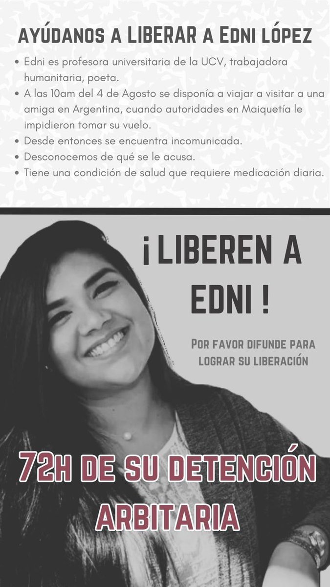 Ya son 72 horas en las que <a href="/EdniLopez/">Edni López</a> está incomunicada y sin asistencia de sus abogados #LiberenAEdni #EdniEsInocente