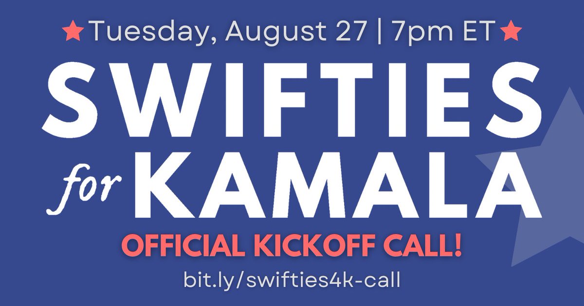 This is our place, we’re having a call! 💙

Join us on Tuesday, August 27 at 7 pm ET to kick off the organizing efforts of our #SwiftiesForKamala coalition committed to protecting democracy by working together to elect Vice President Kamala Harris as our next President!