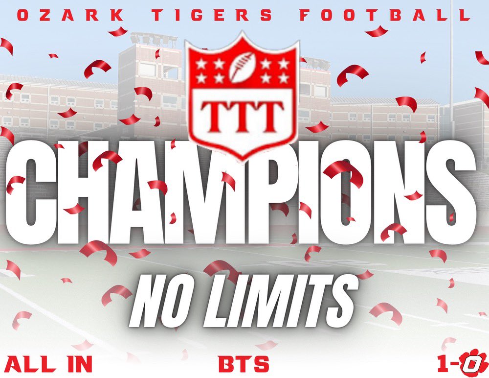 OzarkTigersFB's tweet photo. As we are approaching Monday…it is fitting to announce the 2024 T3 Summer Champions!!!

Congratulations to NO LIMITS on their 2024 T3 Summer Championship!!!

Awards Ceremony on Monday prior to practice at Team Meeting!!!

@roryb07 

#BTS https://t.co/ZMJoSH4dJB