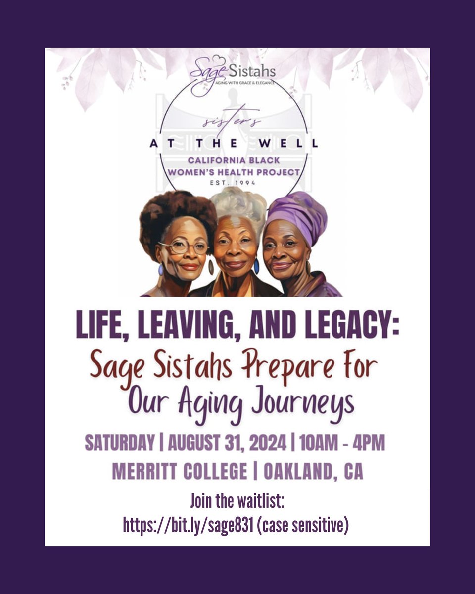 California Black Women's Health Project (CABWHP) (@cabwhp) on Twitter photo Honor the aging process of Black women with empowerment, advocacy & understanding. And we’re calling Black women on the aging journey to join us in Oakland on Saturday, 8/31, in honor of our 30th anniversary, for an impactful gathering. Join the waitlist: bit.ly/sage831 Honor the aging process of Black women with empowerment, advocacy & understanding. And we’re calling Black women on the aging journey to join us in Oakland on Saturday, 8/31, in honor of our 30th anniversary, for an impactful gathering. Join the waitlist: bit.ly/sage831